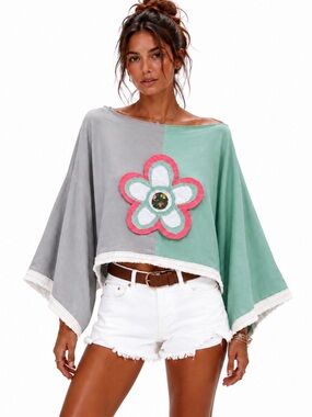 Organic Cotton Linen Boho Crop Top | Oversized Colorblock Kimono Sleeve Top M-L